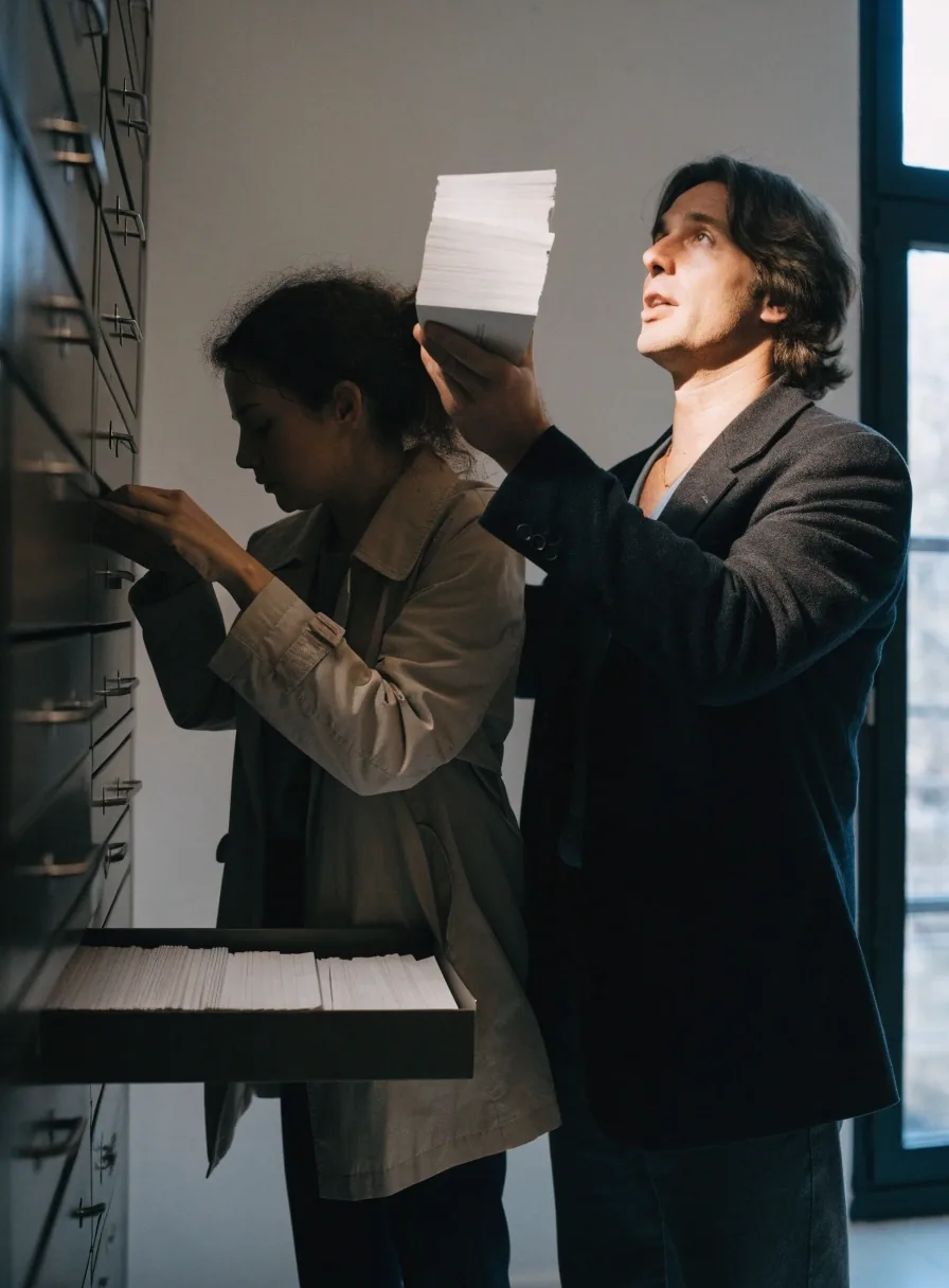 Manos de un demógrafo ordenando fichas de cartón sobre una mesa de trabajo iluminada por una lámpara