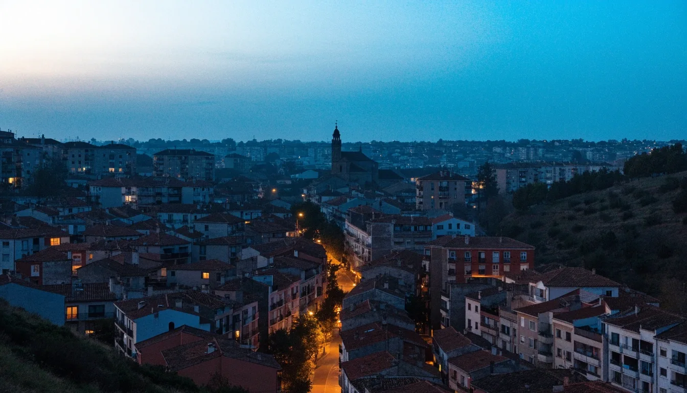 Vista amplia de una ciudad española media al anochecer desde una zona residencial elevada