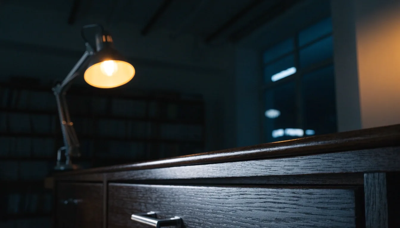 Cajón de archivo cerrado bajo una lámpara de lectura en la oficina del observatorio