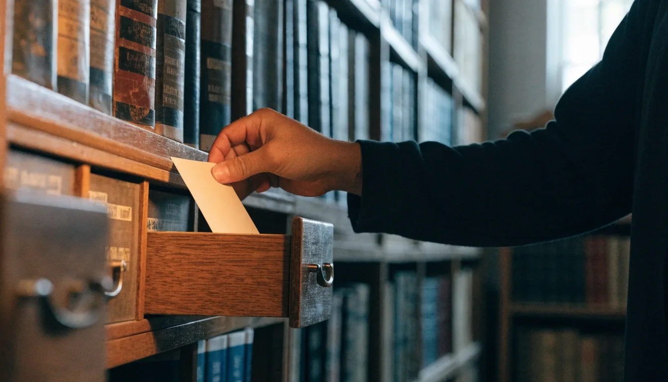 Cajón de fichas de archivo abierto bajo la luz de una lámpara, con la mano apoyada en el borde de una ficha