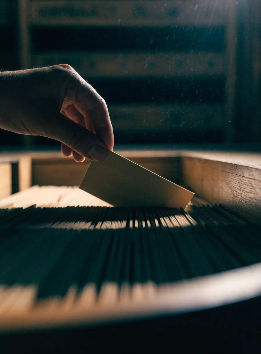 Mano levantando una ficha en blanco de un cajón de archivo de madera
