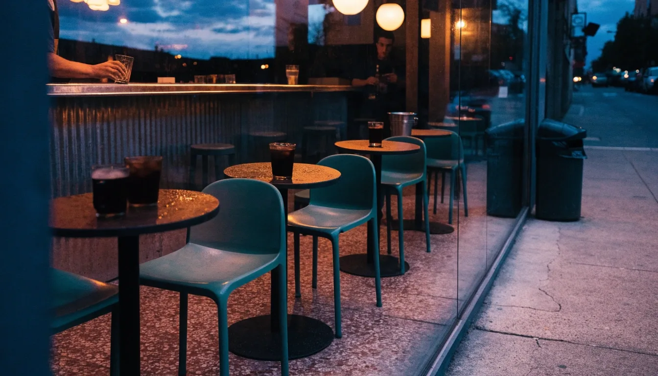 Bar de barrio en Madrid al atardecer con mesas individuales vacías y luz cálida interior