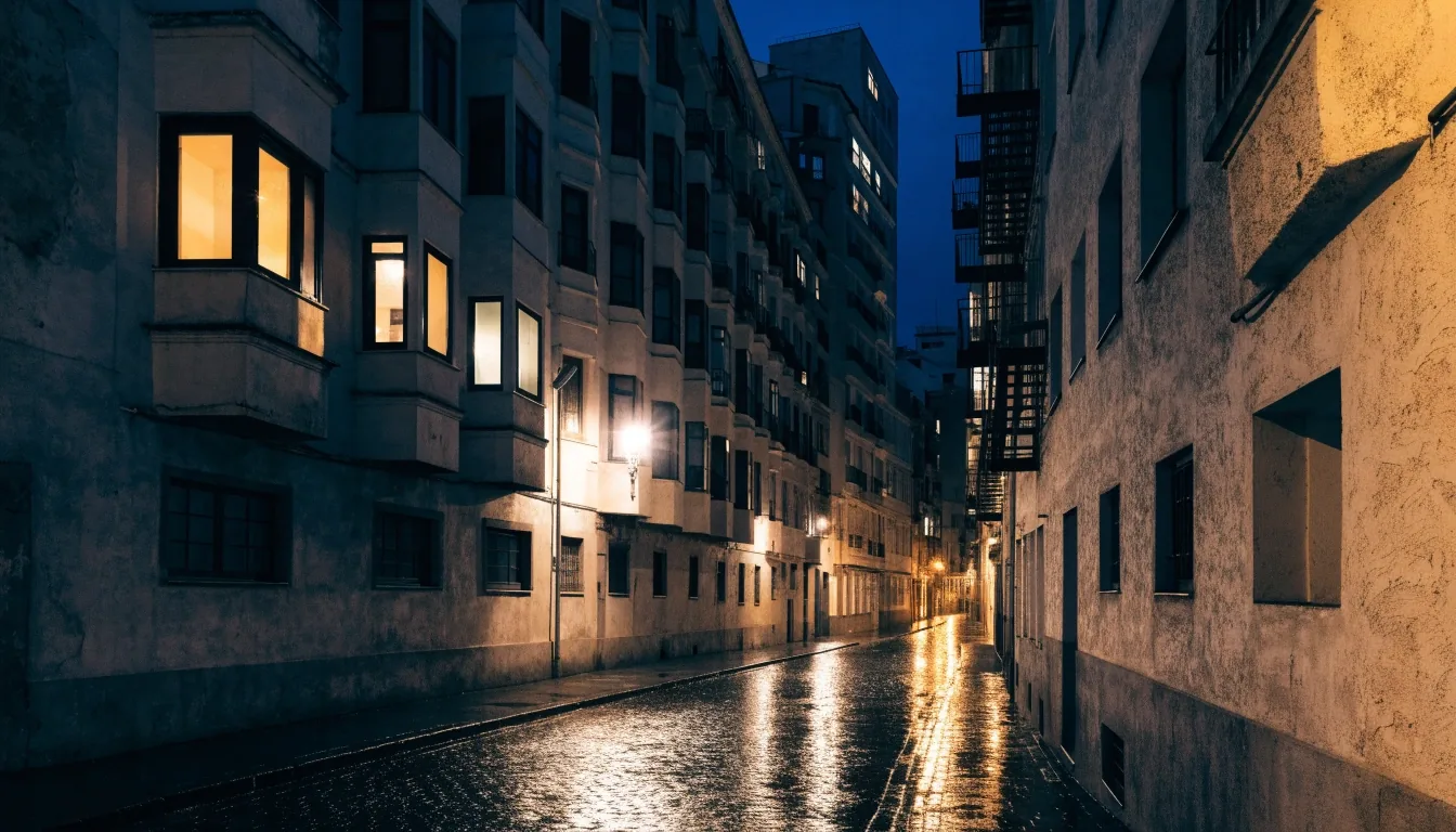 Calle urbana española de noche con ventanas iluminadas en distintas alturas y adoquines húmedos