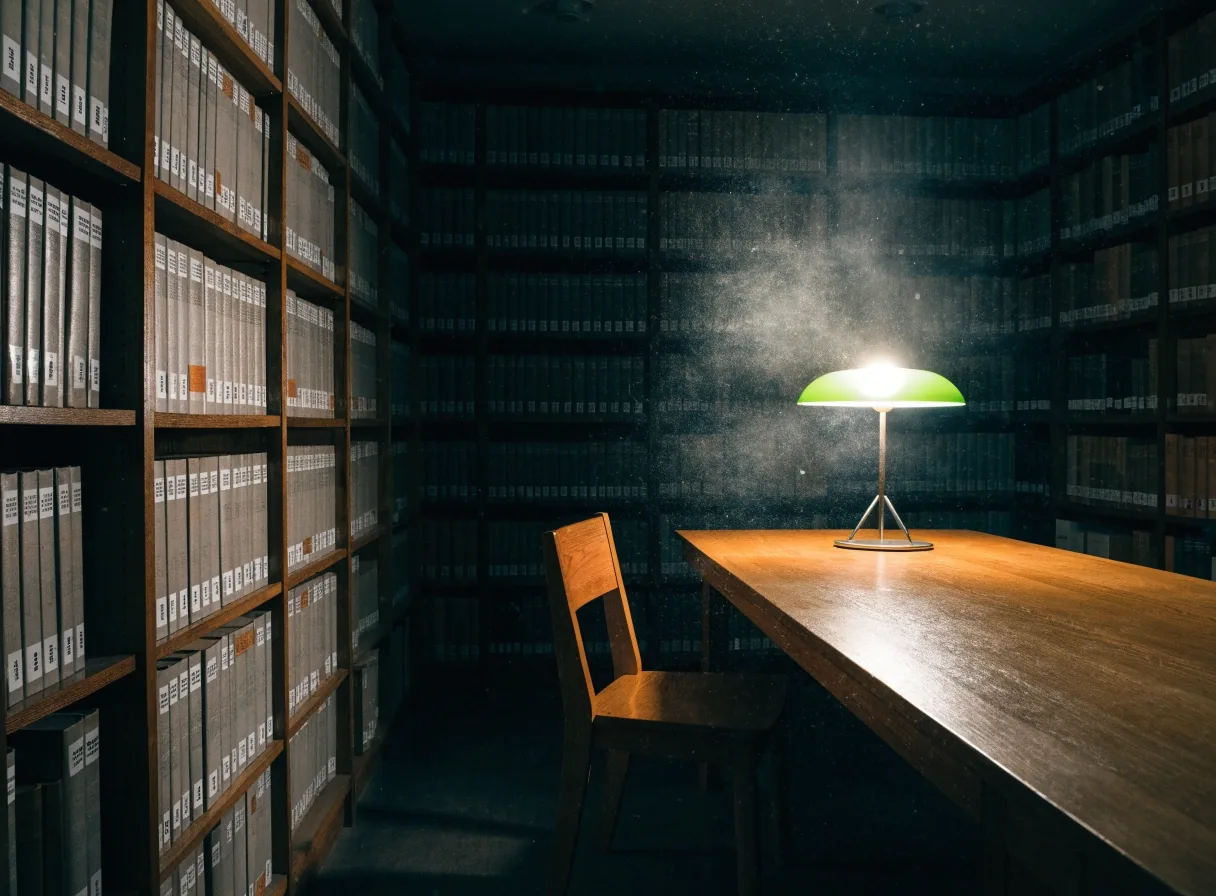 Mesa de lectura nocturna con fichas apiladas junto a una lámpara de escritorio