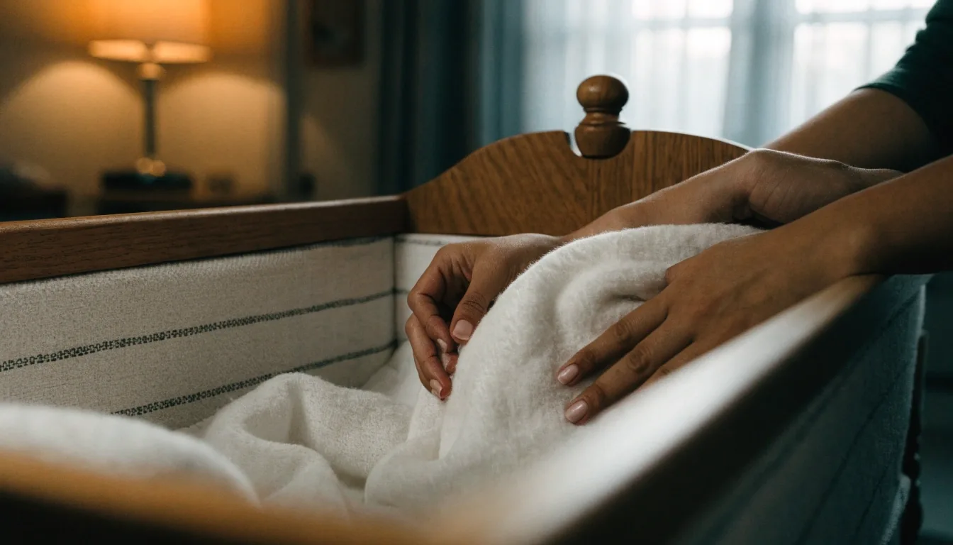 Pasillo tranquilo de maternidad con luz cálida de lámpara y luz fría de ventanal al fondo