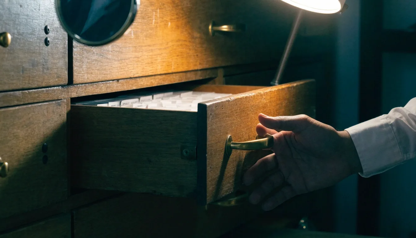 Cajón de archivo de madera abierto bajo una lámpara de lectura cálida
