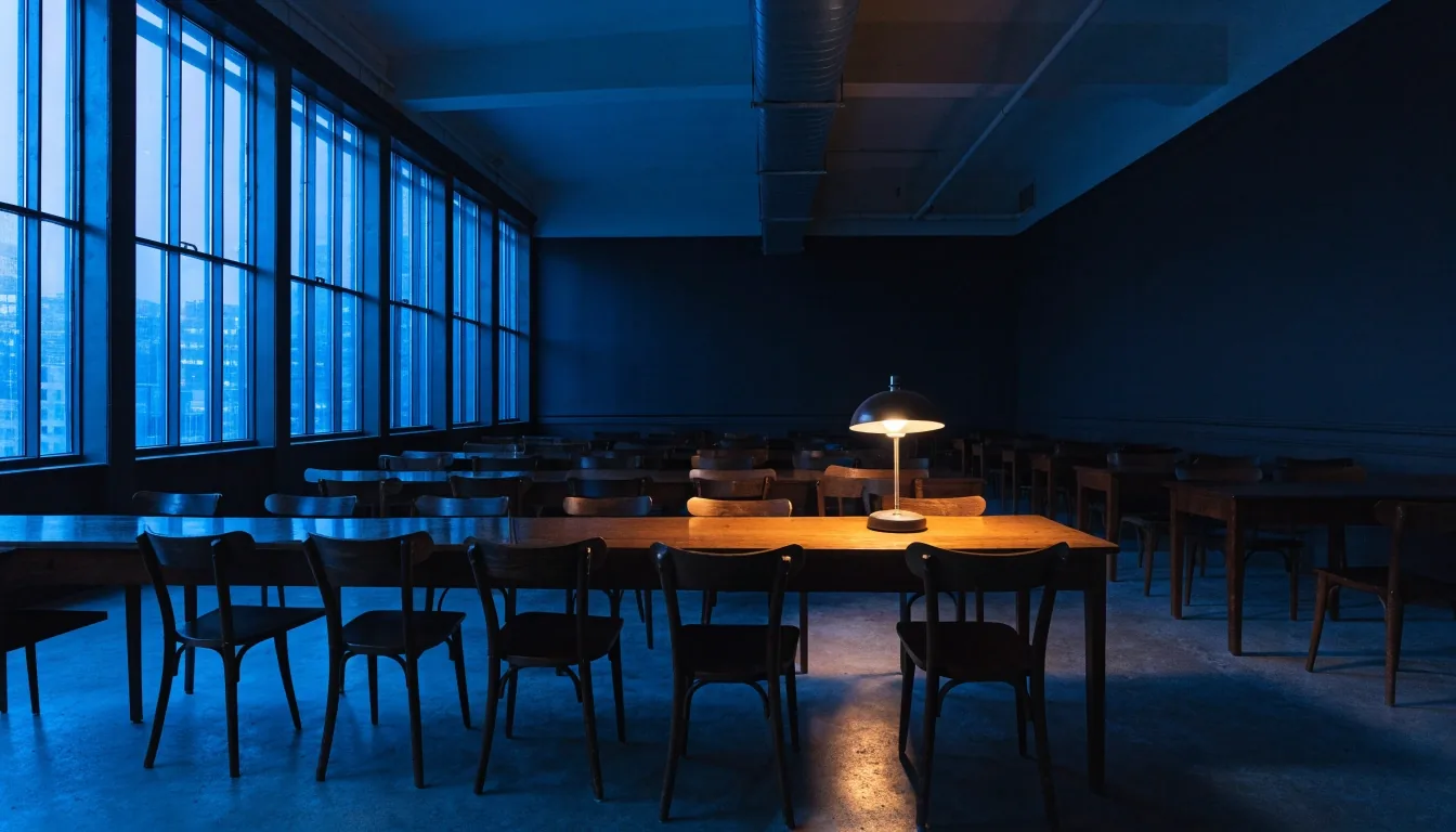 Sala de lectura pública de noche con una sola lámpara encendida
